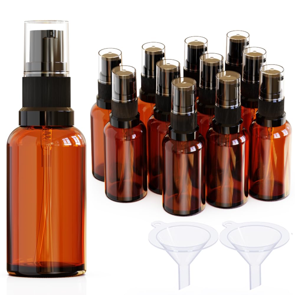 Jagolain 12Pack 1oz Amber Glass Pump Bottles, 30ml with Black Pump, Empty Refillable Travel Small Container For Lotion Cream Essentil Oil Shampoo (1oz)