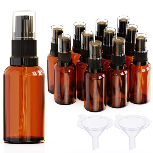 Jagolain 12Pack 1oz Amber Glass Pump Bottles, 30ml with Black Pump, Empty Refillable Travel Small Container For Lotion Cream Essentil Oil Shampoo (1oz)