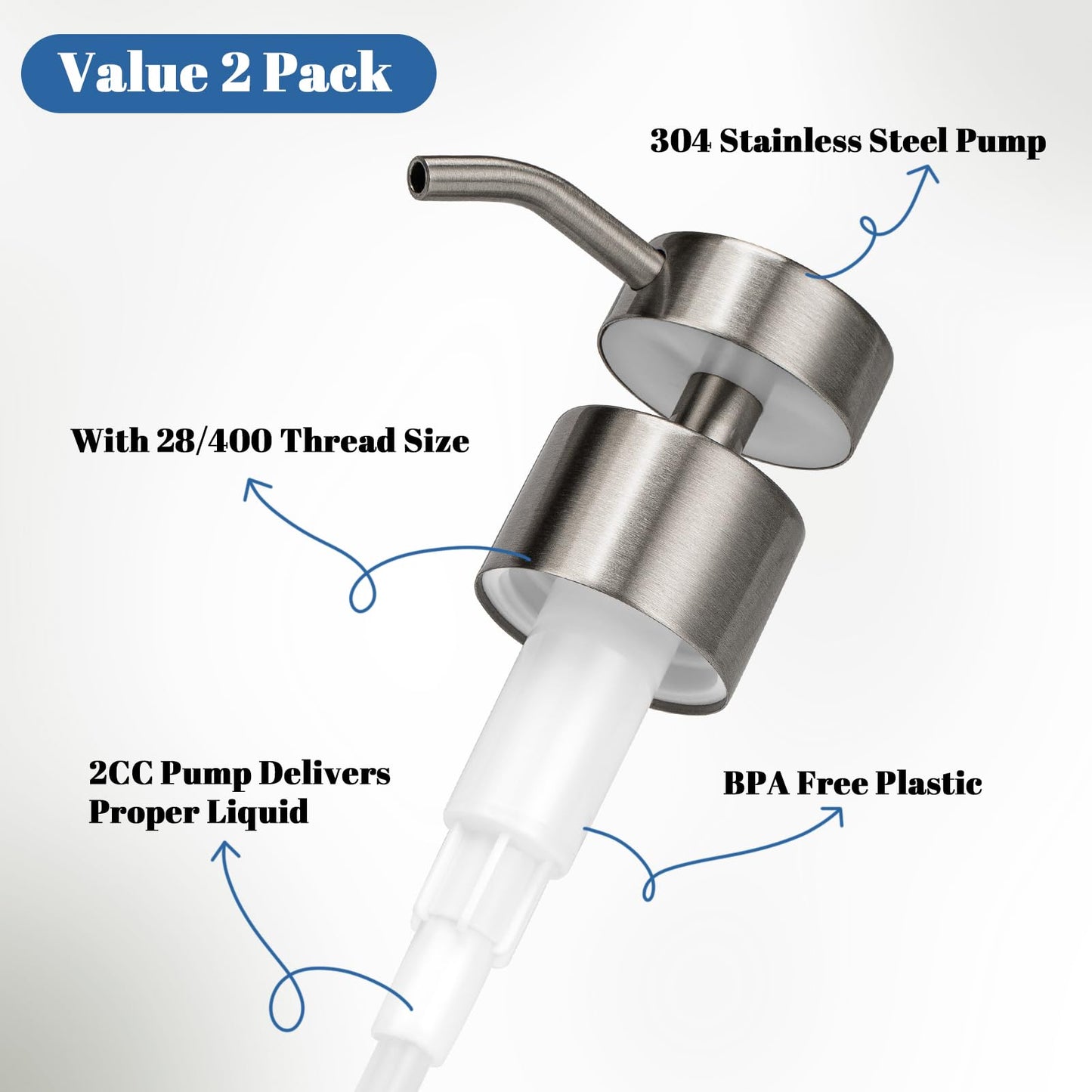 2 Pack 304 Stainless Steel Soap Dispenser Pump Replacement Flat Top Standard 28/400 Thread for Regular Mouth Bottles Lotion Soap Dispenser for Kitchen Bathroom(Brushed Nickel)