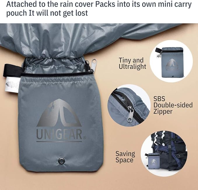 Unigear Backpack Rain Cover Waterproof Rating 5000mm Ultraportable and Durable with 2 Anti-Slip Buckle Strap, Integrated Carry Pouch Design (Gray, XX-Large)