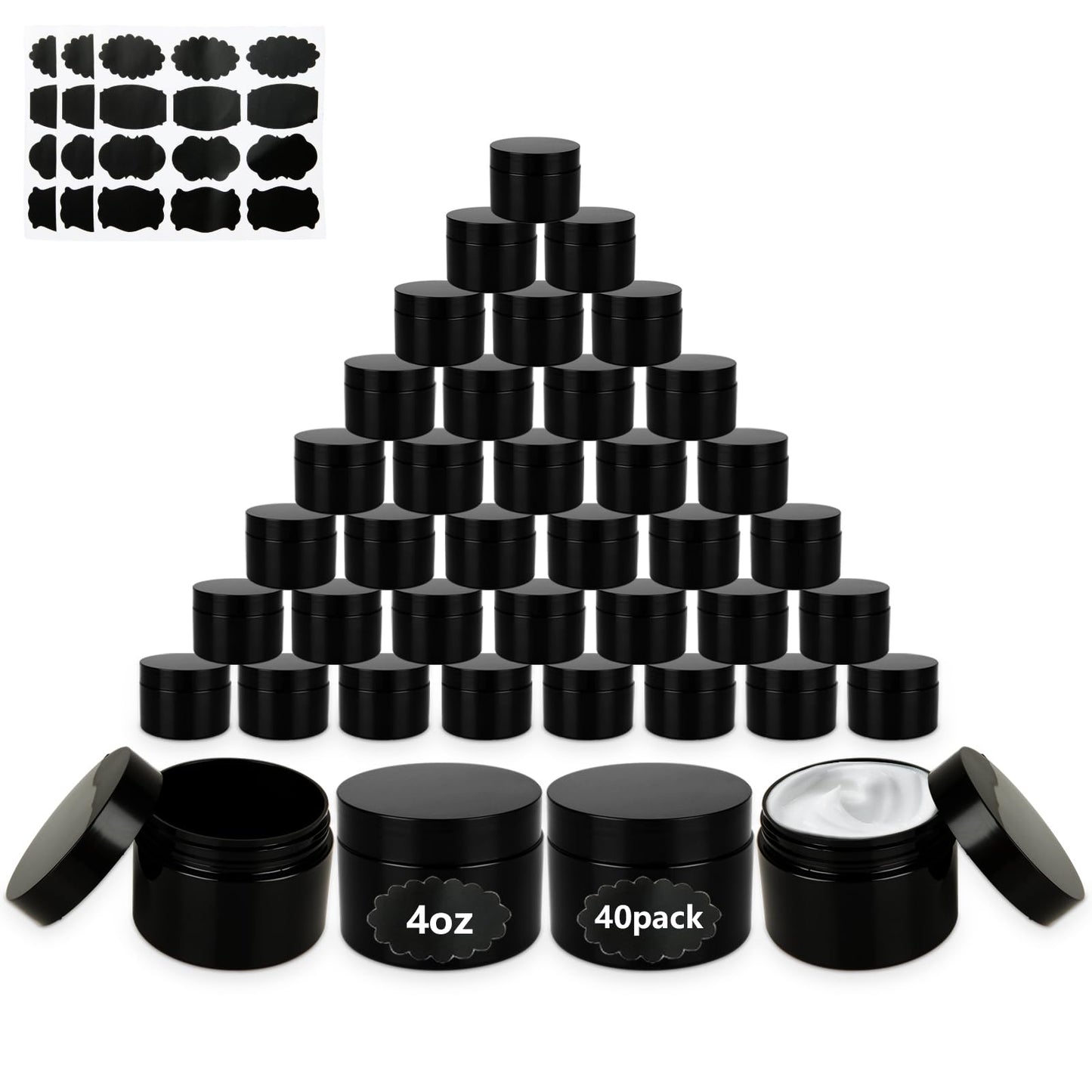 Acrux7 40 Pack 4 oz Black Plastic Jars, Small Round Cosmetic Cream Jars with Lids & Labels, Refillable Plastic Cream Container 120 ml Leak Proof Travel Jars for Creams, Lotion, Body Butter, Body Scrub