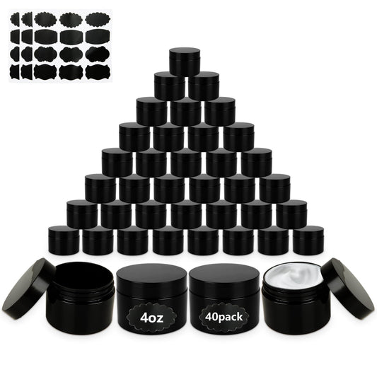 Acrux7 40 Pack 4 oz Black Plastic Jars, Small Round Cosmetic Cream Jars with Lids & Labels, Refillable Plastic Cream Container 120 ml Leak Proof Travel Jars for Creams, Lotion, Body Butter, Body Scrub