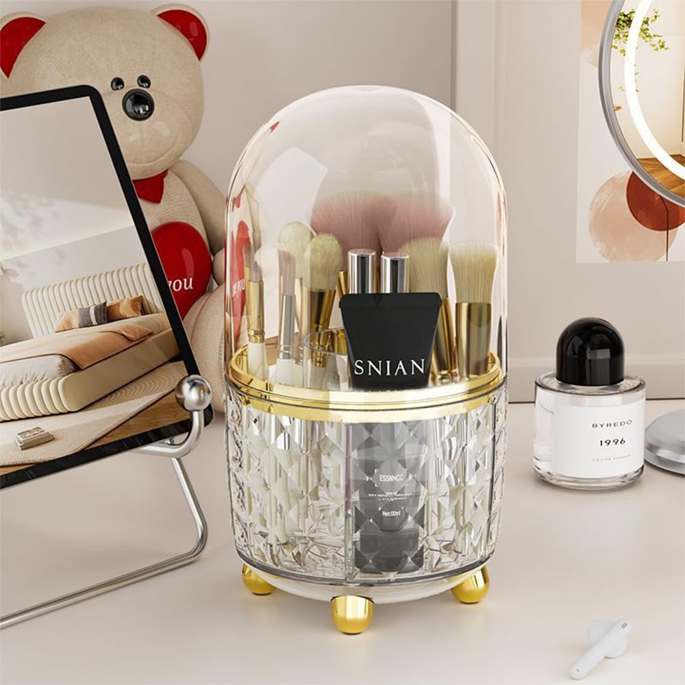 Haiansan Makeup Brush Holder with Dustproof Lid, 360° Rotating Makeup Organizer, Spinning Cosmetic Organizer Pen Holder for Vanity Bathroom (Clear Gold)
