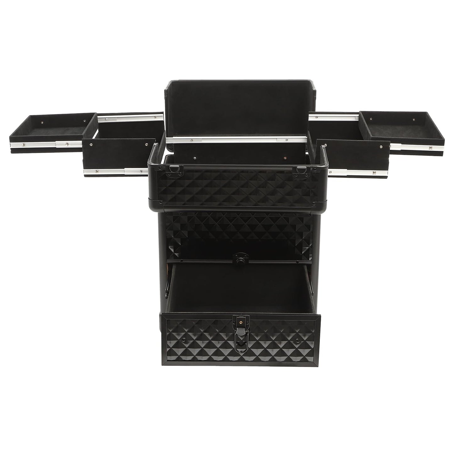 MRFIOJYDR Aluminum Rolling Makeup Train Case, Large Storage Cosmetic Trolley Portable Makeup Organizer Suitcase w/4 Removable Wheels, Keys, Adjustable Compartment (Black)