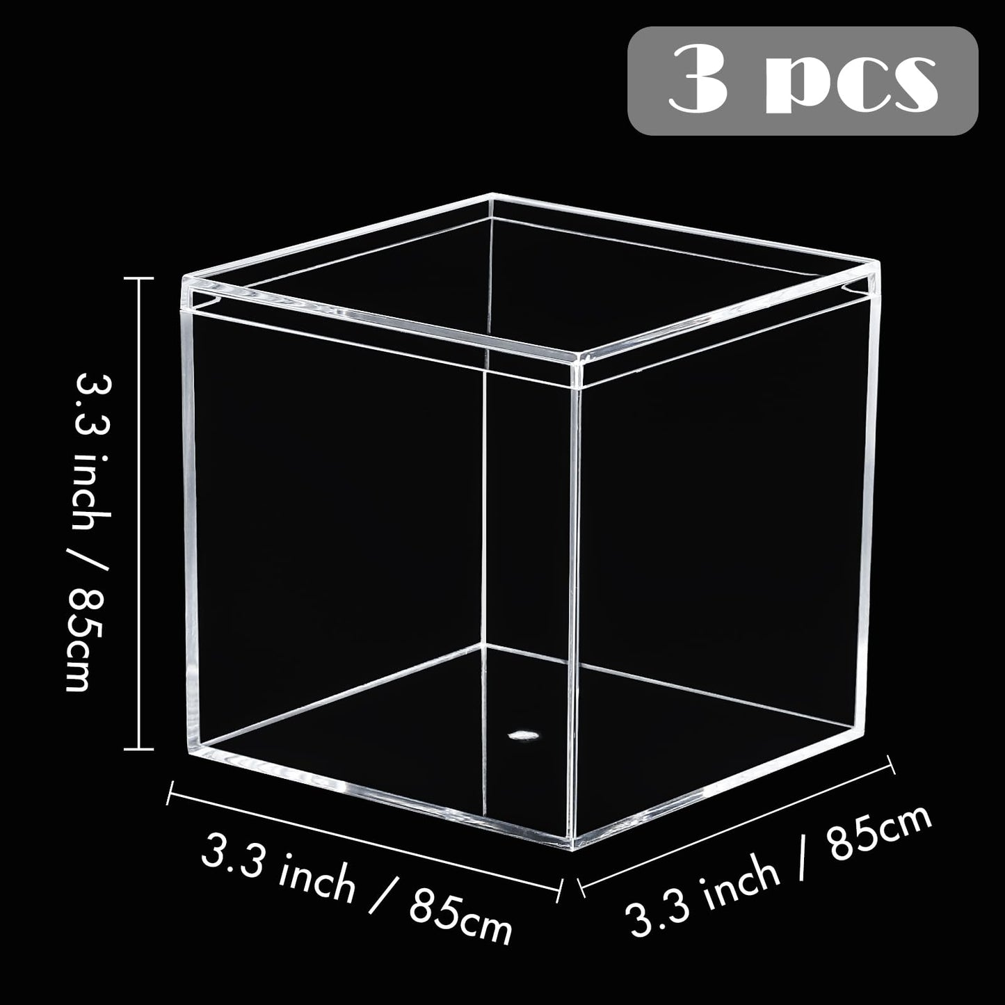 Kamehame Acrylic Boxes for Display 3 Pack Clear Plastic Square Cube, 3.3x3.3x3.3Inch/85x85x85mm Small Acrylic Box with Lid, Candy Pill and Tiny Jewelry Storage Boxes Organize Containers