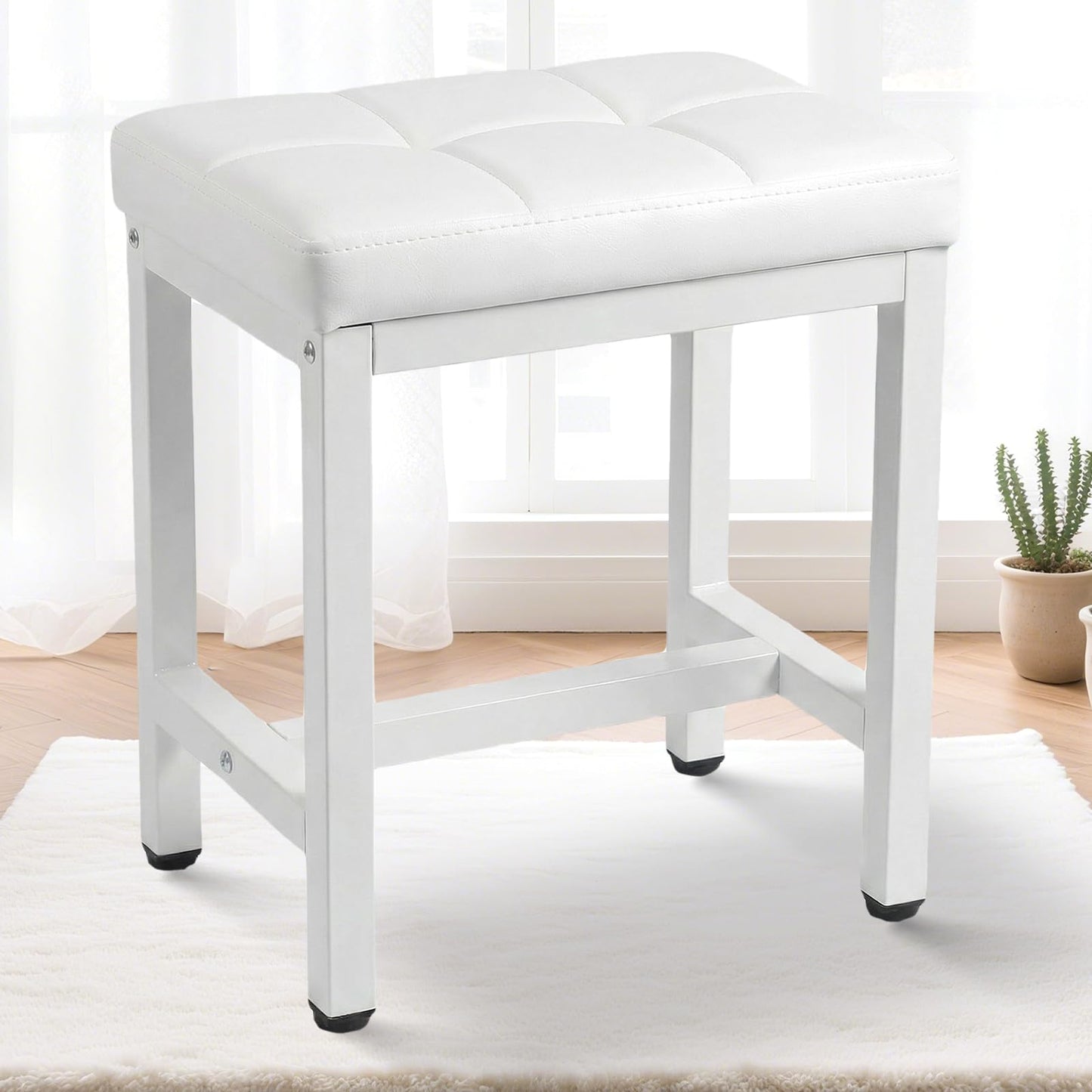 FLYZC Vanity Stool Chair, Square Faux Leather Makeup Chair with Metal Legs, Cute Small Ottoman Vanity Bench, Foot Stool Chair for Vanity for Bedroom, Living Room, Bathroom, White