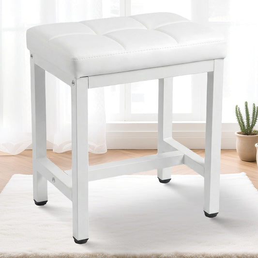 FLYZC Vanity Stool Chair, Square Faux Leather Makeup Chair with Metal Legs, Cute Small Ottoman Vanity Bench, Foot Stool Chair for Vanity for Bedroom, Living Room, Bathroom, White