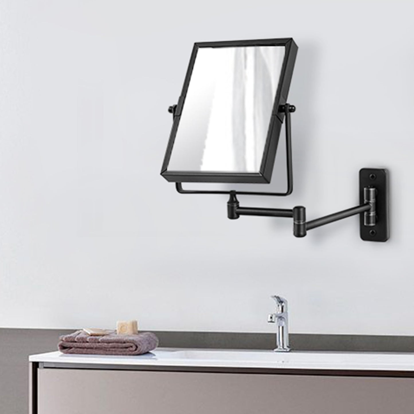 QiMH 3X Magnified Wall Mounted Mirror, Rectangular 8x6 Inch with Extendable Arm | Double-Sided Swivel Bathroom Shaving Vanity Mirror