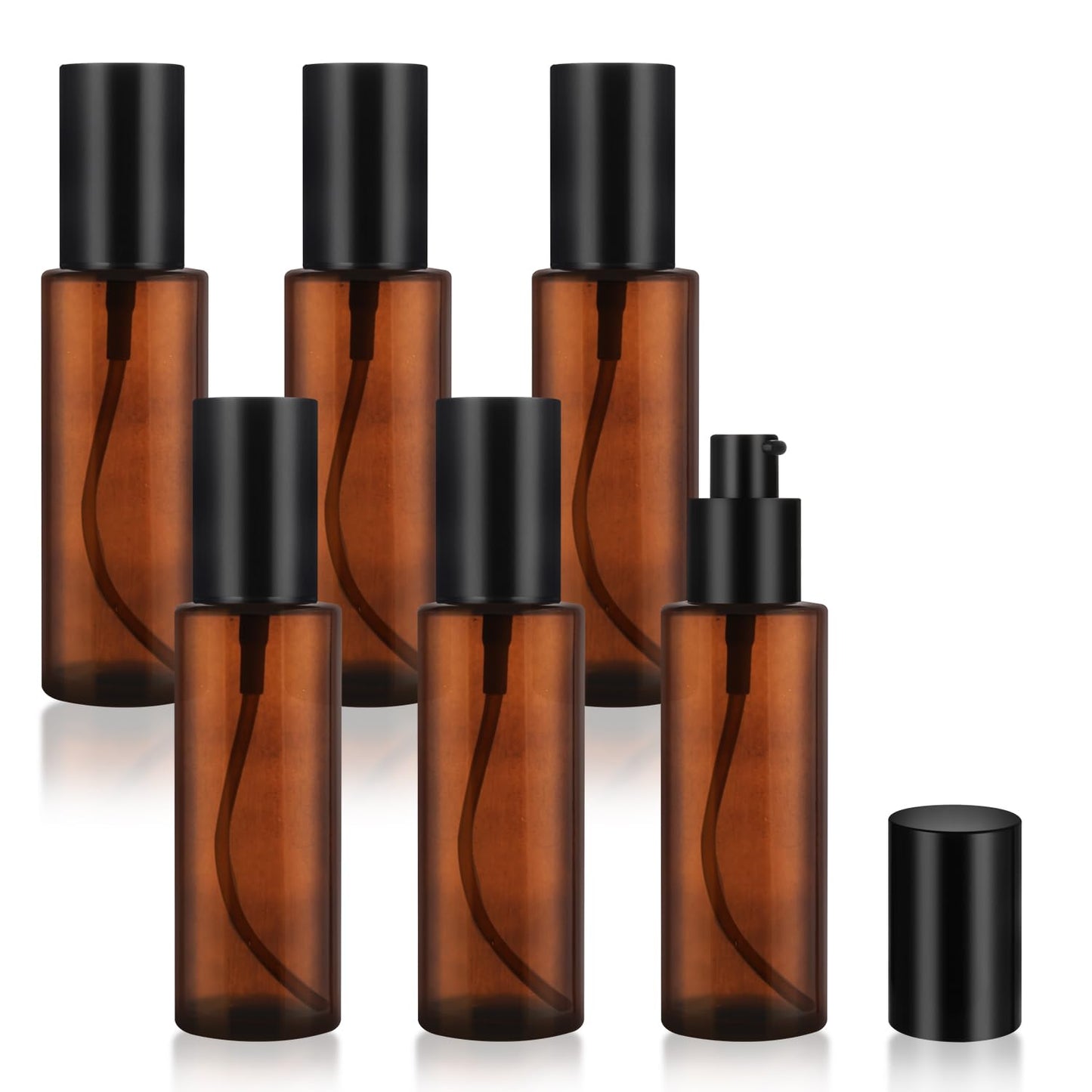 6 Pcs 60ml/2oz Amber Glass Pump Bottles Refillable Lotion Dispenser Cosmetic Sample Storage Container Vial with Black Pump Head for Liquid Foundation Soap Shower Gel Shampoo Toiletries