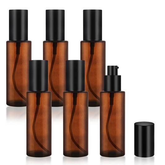 6 Pcs 60ml/2oz Amber Glass Pump Bottles Refillable Lotion Dispenser Cosmetic Sample Storage Container Vial with Black Pump Head for Liquid Foundation Soap Shower Gel Shampoo Toiletries