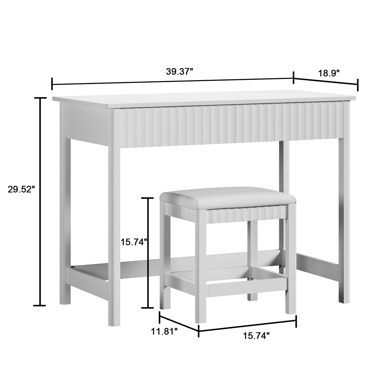 ChooChoo 40 Inch Modern Desk with Drawers, Makeup Vanity Desk with Padded Stool, Small Home Office Desk for Bedroom, White