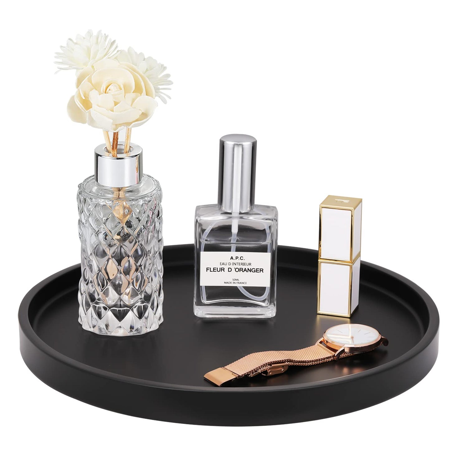 Emibele Vanity Tray, Resin Round Tray Decorative Storage Organizer for Bathroom Toilet Tank Bedroom Kitchen Countertop, Jewelry Storage Dresser Tray for Candle,Lotion Bottle,Cosmetics, Matte Black