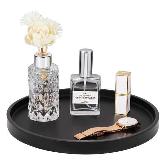 Emibele Vanity Tray, Resin Round Tray Decorative Storage Organizer for Bathroom Toilet Tank Bedroom Kitchen Countertop, Jewelry Storage Dresser Tray for Candle,Lotion Bottle,Cosmetics, Matte Black