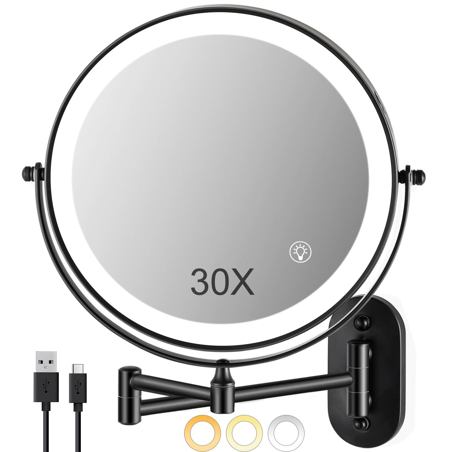 SANFANGIE Magnifying Mirror with Lights 1x/30x: 9" Double Sided Wall Mounted Lighted Makeup Mirror for Bathroom, Black