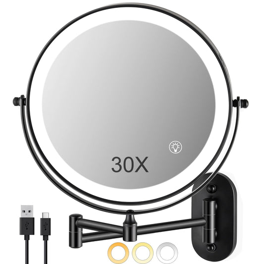 SANFANGIE Magnifying Mirror with Lights 1x/30x: 9" Double Sided Wall Mounted Lighted Makeup Mirror for Bathroom, Black