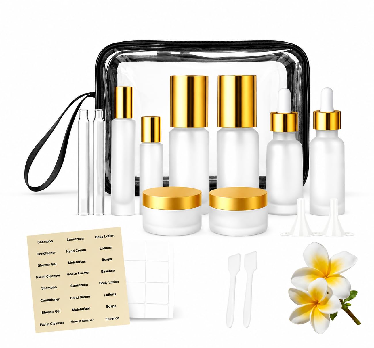18Pack Glass Travel Bottles for Toiletries, TSA Approved Glass Travel Containers 1.35/0.7/1 oz Golden Small Travel Bottles with Label, BPA Free Leak Proof with Pump Spray Bottles for Makeup, Skincare