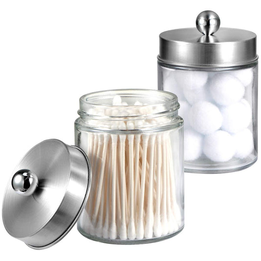Amolliar Apothecary Jars Bathroom Vanity Organizer -Countertop Canister Jar with Storage Lid - Qtip Dispenser Holder Glass for Qtips,Cotton Swabs,Makeup Sponges,Hair Band - Brushed Nickel (2 Pack)