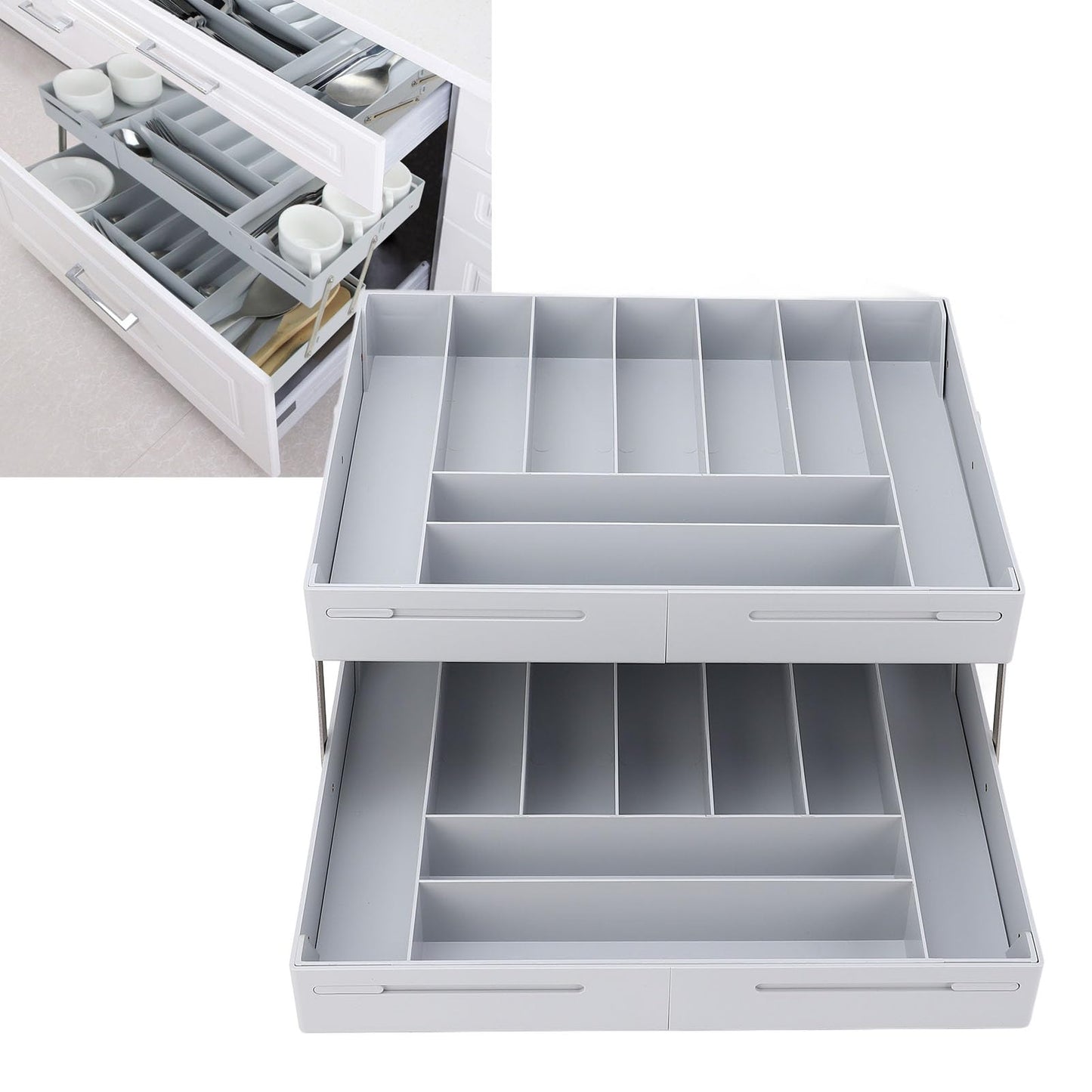 Extra Large and High Drawer Organizer, 2 Tier Smart Expandable Desk Organizer, Multi Level Junk Drawer Organizer for Makeup, Jewelry, Desk, Office Drawers (Gray)