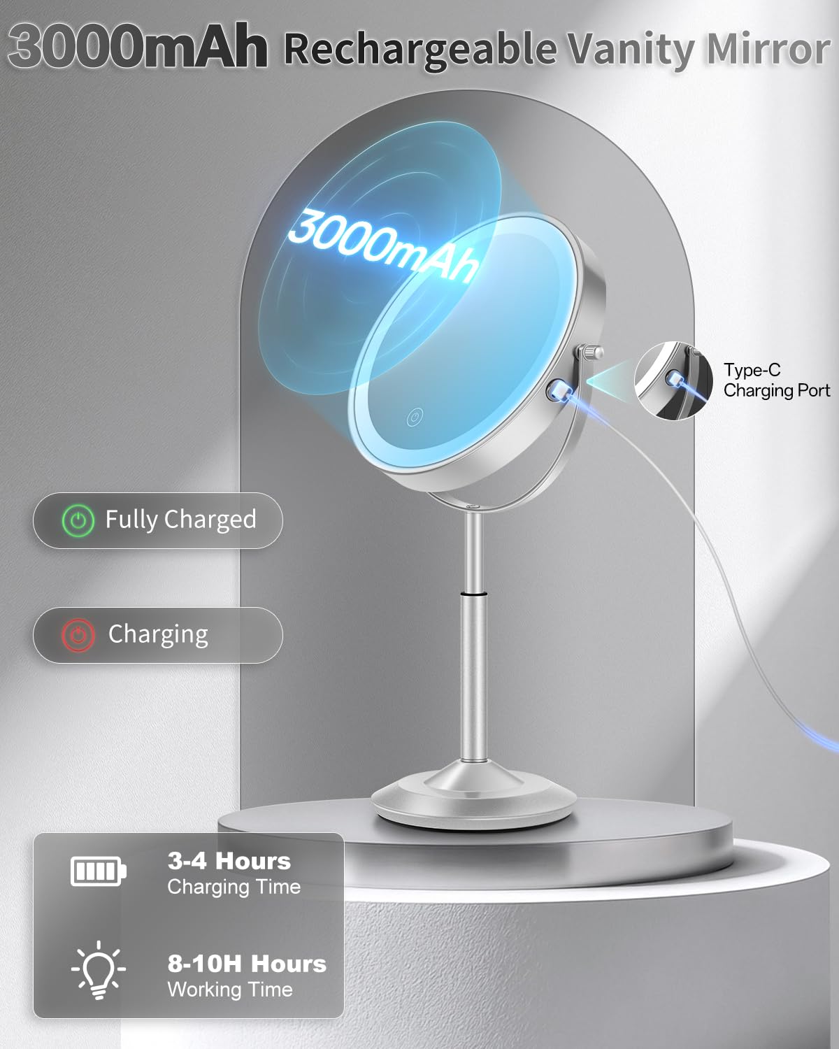 VFD 30X/1X Makeup Mirror with Lights, Height Adjustable Lighted Magnifying Vanity Mirror with 3 Lighting and Adjustable Brightness, 3000mAh Rechargeable Double Sided Switch for Desk Women Gift
