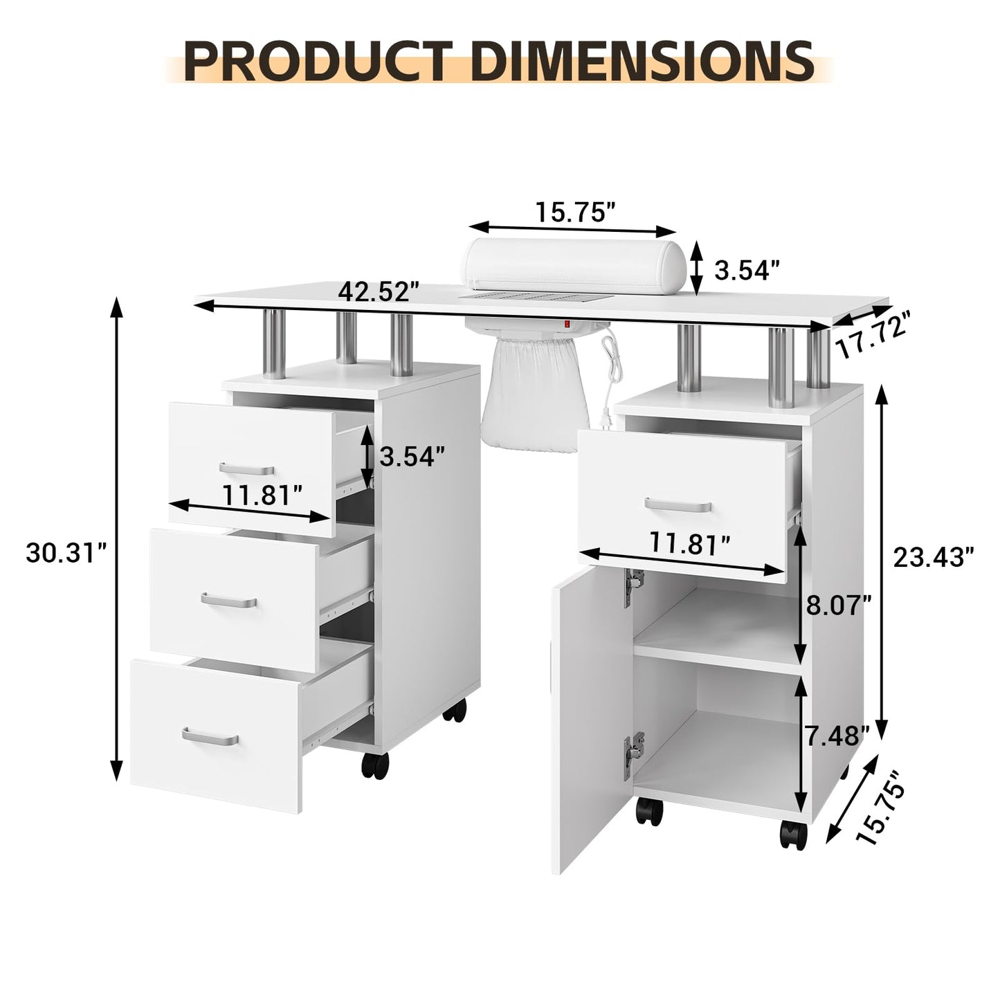 GAOMON Manicure Table with Dust Collector and Hand Rest for Makeup Beauty Spa Salon Station - Nail Desk for Nail Tech with Storage Cabinets Arm Rest, 4 Drawers and Lockable Wheels