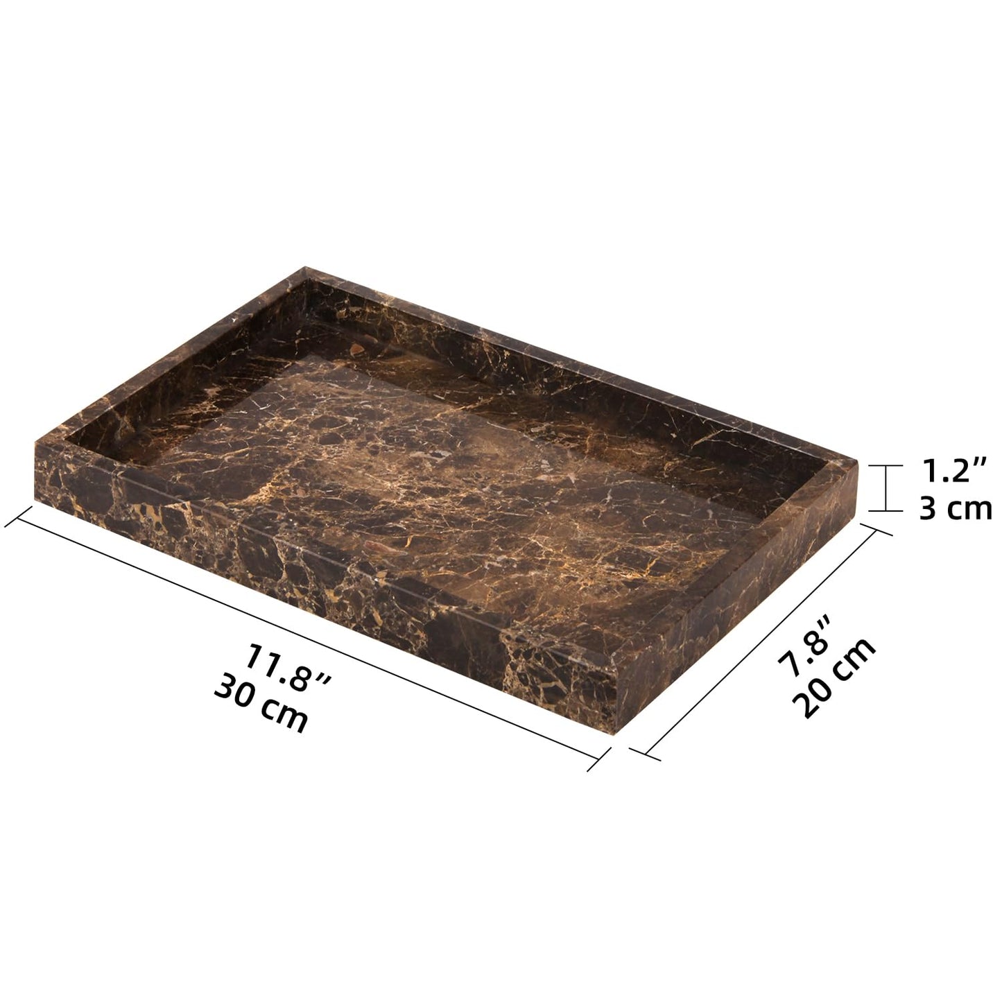 Marble Bathroom Vanity Tray, Natural Luxury Vanity Home Kitchen Bathroom Table Tray, Stone Decorative Countertop Dresser Trays for Key Coffee Perfume Jewelry Makeup (Dark Brown, 12"x 8" x1.2")