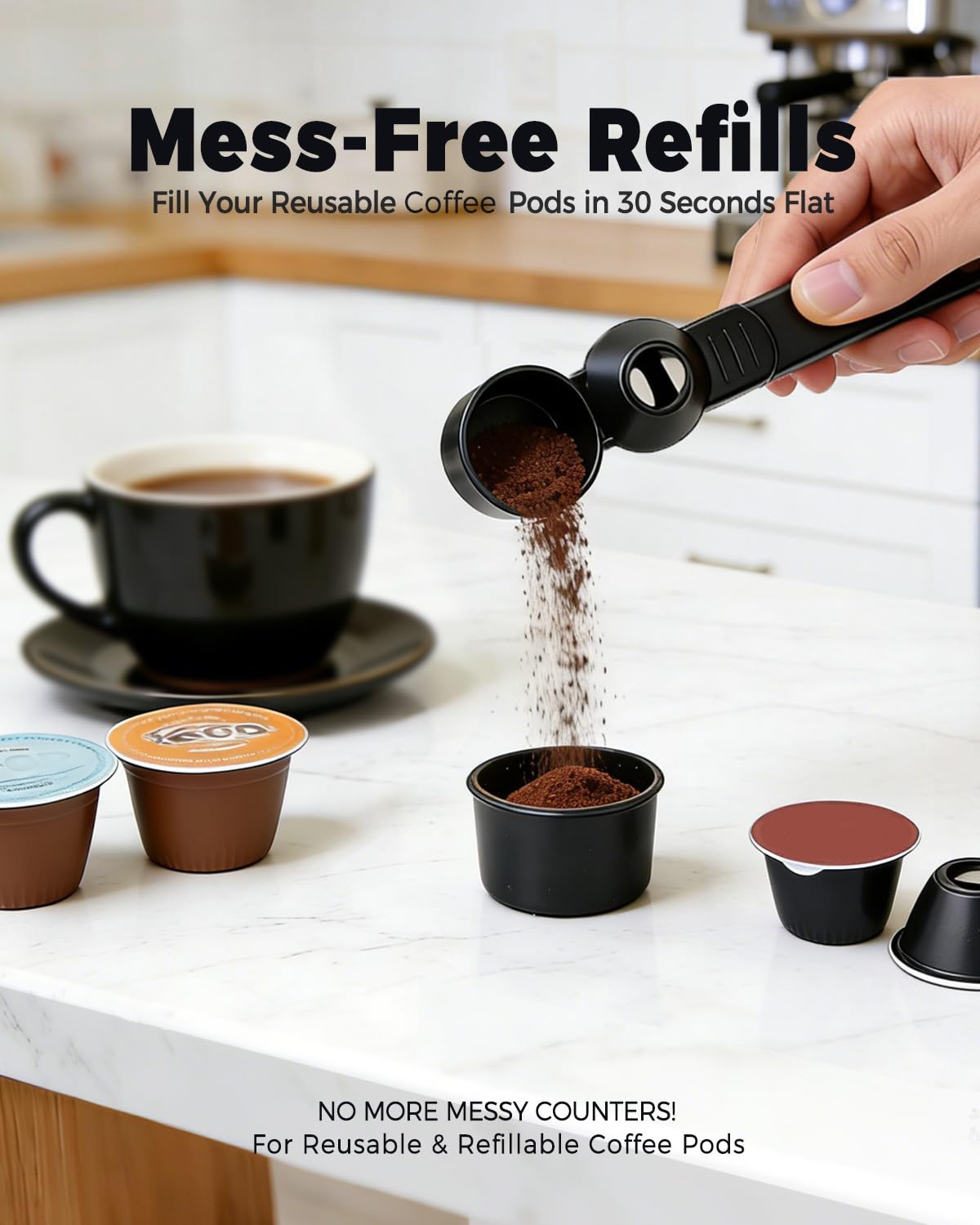 2 TBSP No‑Spill Coffee Scoop with Funnel, Mess‑Free Measuring Spoon for Ground Coffee, Protein Powder & Tea, Reusable Coffee Pod Refill, Equipped with Cleaning Brush, Black, 2 Pack