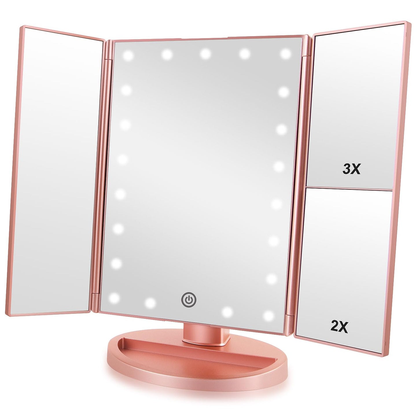 Infitrans Trifold Makeup Mirror Vanity Mirror with Lights,1X 2X 3X Magnification,Touch Control,Adjustable Rotation,Dual Power Supply,Portable Travel Cosmetic Mirror,Birthday Gifts for Women,Teengirls