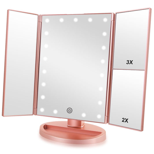 Infitrans Trifold Makeup Mirror Vanity Mirror with Lights,1X 2X 3X Magnification,Touch Control,Adjustable Rotation,Dual Power Supply,Portable Travel Cosmetic Mirror,Birthday Gifts for Women,Teengirls