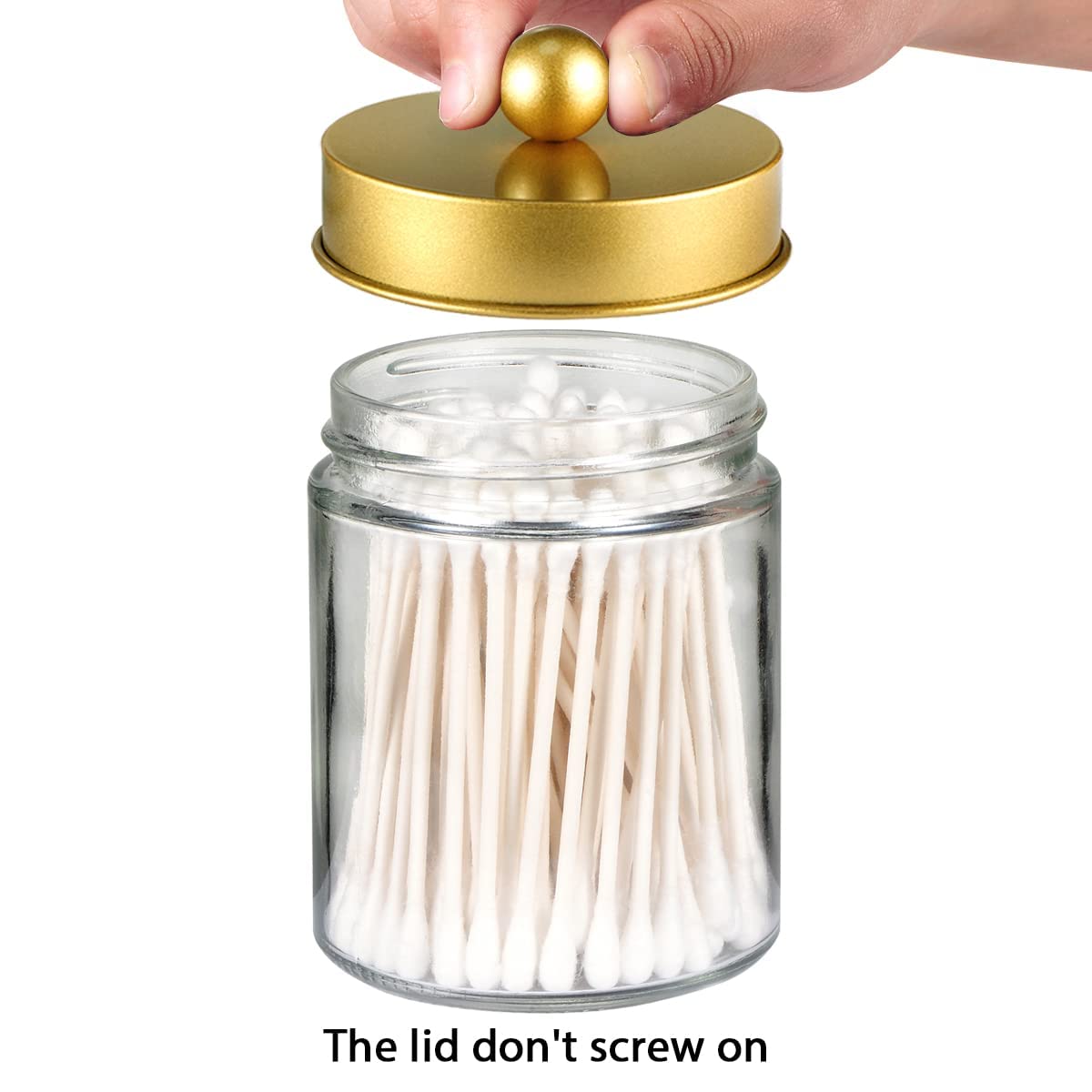 Amolliar 4 Pc Glass Apothecary Jars - Countertop Qtip Dispenser Holder with Stainless Steel Lids &Cute Stickers -Bathroom Vanity Storage Organizer Set for Qtips,Cotton Swabs,Makeup Sponges(Gold)