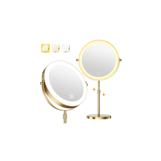 Zlroluyn 30X Magnifying Makeup Mirror with Lights, Height Adjustable Double Sided Vanity Mirror, 360° Rotation Cosmetic Mirror for Desk Bathroom - Antique Bronze