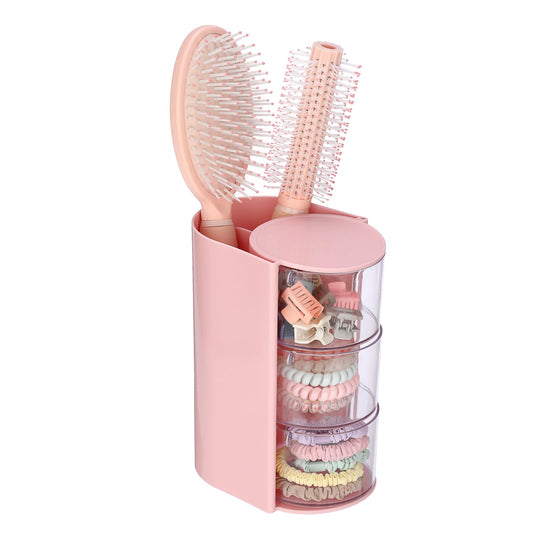 GUSHBIN Hair Accessories Organizer with Hair Brush Holder Spinning Cosmetic Storage Case for Makeup Sponge Plastic Desktop Organizer, 3-Layer Pink