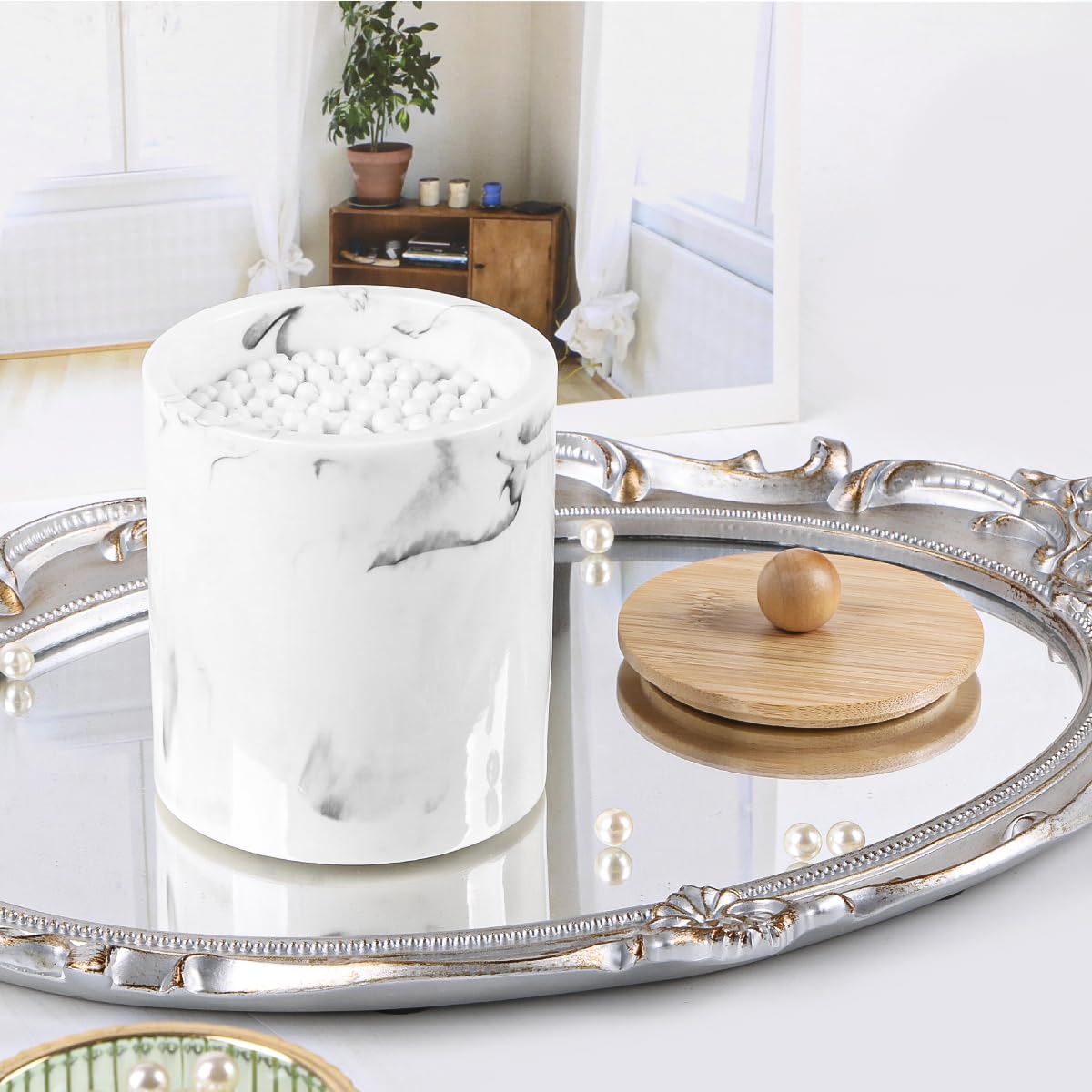 Tonxus Bathroom Qtips Jars with Lid,Vanity Cotton Swab Holder,Resin Apothecary Dispenser Container,Marble Makeup Sponges Canister,Bath Salts Storage Organizer Box (Marble White with Bamboo Lid of 2)