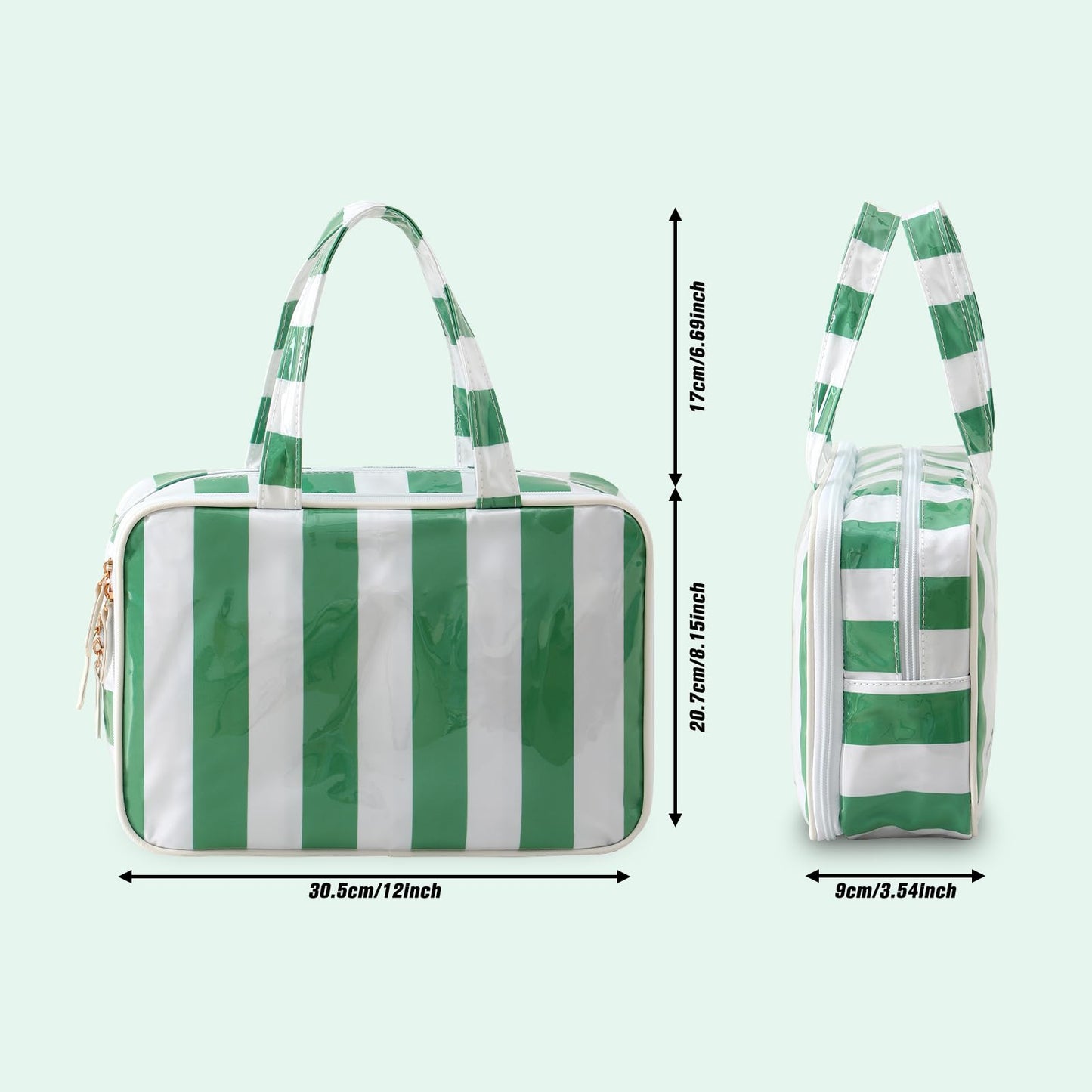 Travel Toiletry Bag for Women, Waterproof Clear Coated Portable Stripe Makeup Cosmetic Bag with Compartment, Travel Organizer for Shampoo, Conditioner, Brushes Set,Cosmetic Accessories(White-Green)