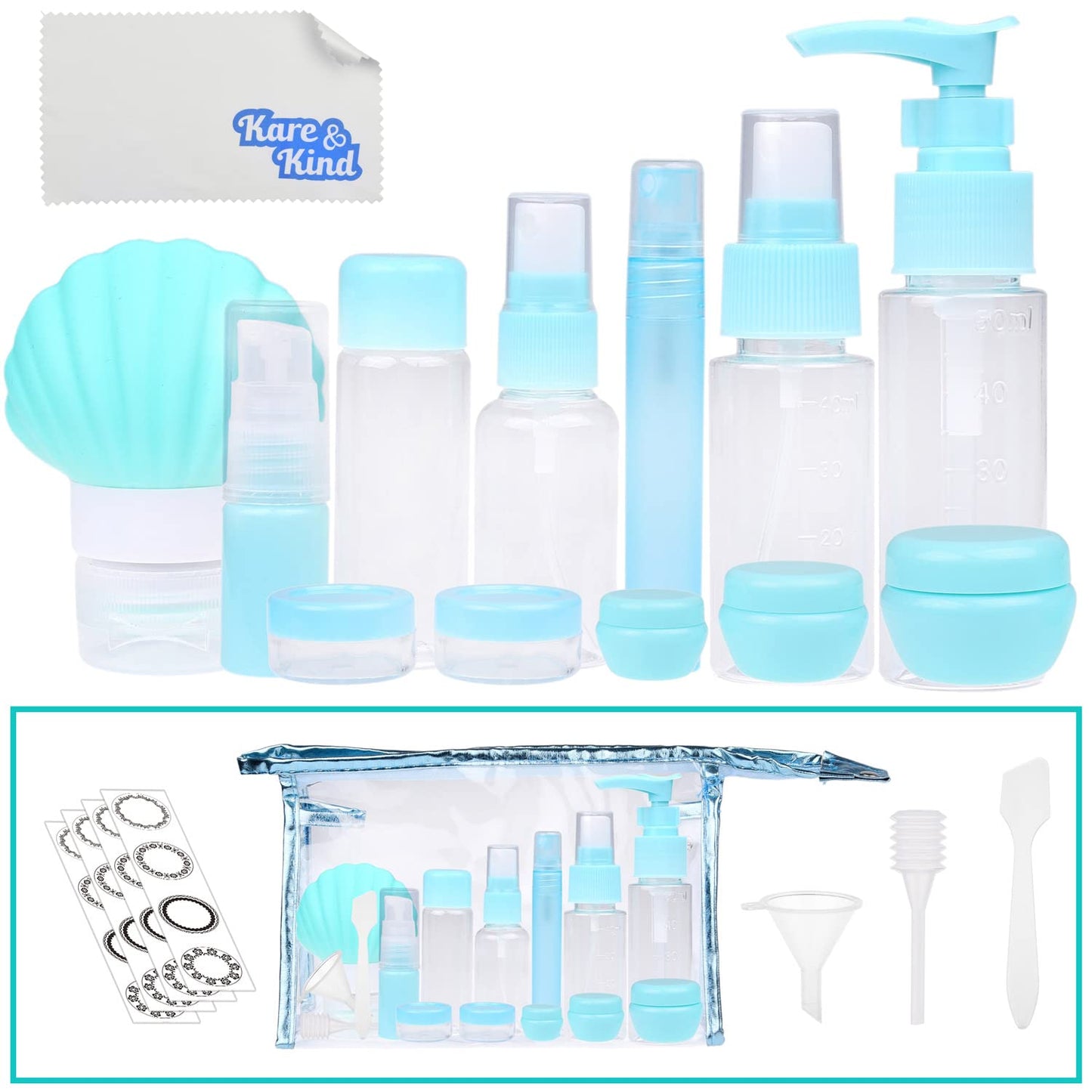 Travel Bottle Set - Refillable - TSA/Airline Approved - 12 Bottles and Jars - 3 Tools (Pipette, Funnel and Mini Spatula) - For Downsized Portions of Your Favorite Cosmetics, Lotions and Creams