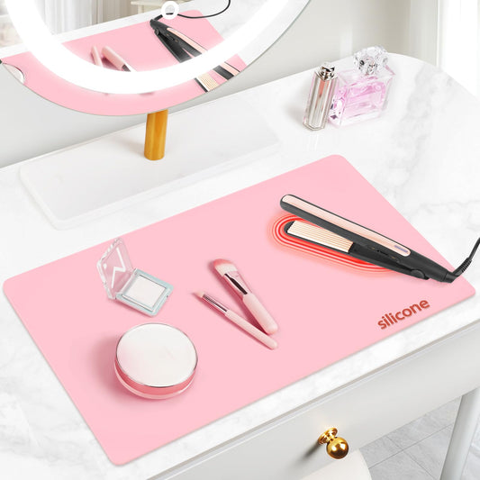 Silicone Makeup Mat for Vanity, 21.7" x 11.8" Heat Resistant Vanity Mat, Easy to Clean & Waterproof, Portable Makeup Accessories for Use While Traveling (Pink)