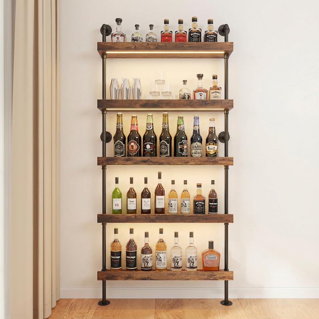 Woskar 5-Tier Wall Mounted Wine Rack with LED, Industrial Pipe Bar Shelf for Wine Bottle Storage, Industrial Pipe Shelves Shelf Shelving for Home Bar Dining Room Kitchen (24INCH-LED)