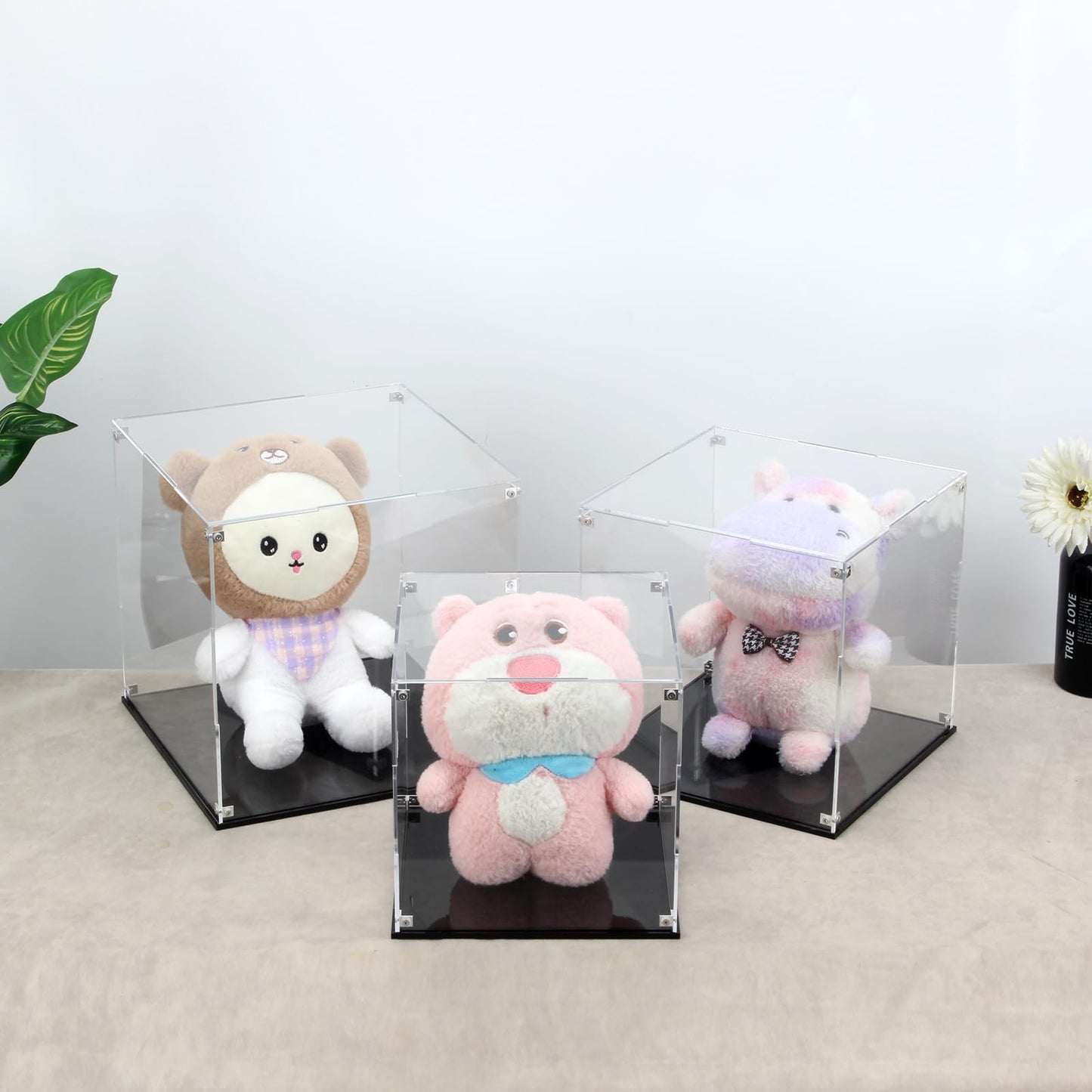 Kcgani Clear Self-Assembly Acrylic Boxes for Display, Transparent Display Case with Black Base and Lid, Cube Countertop Storage Boxes Glass Case for Collectibles Models Doll Boy Figurine, 9x9x9Inch