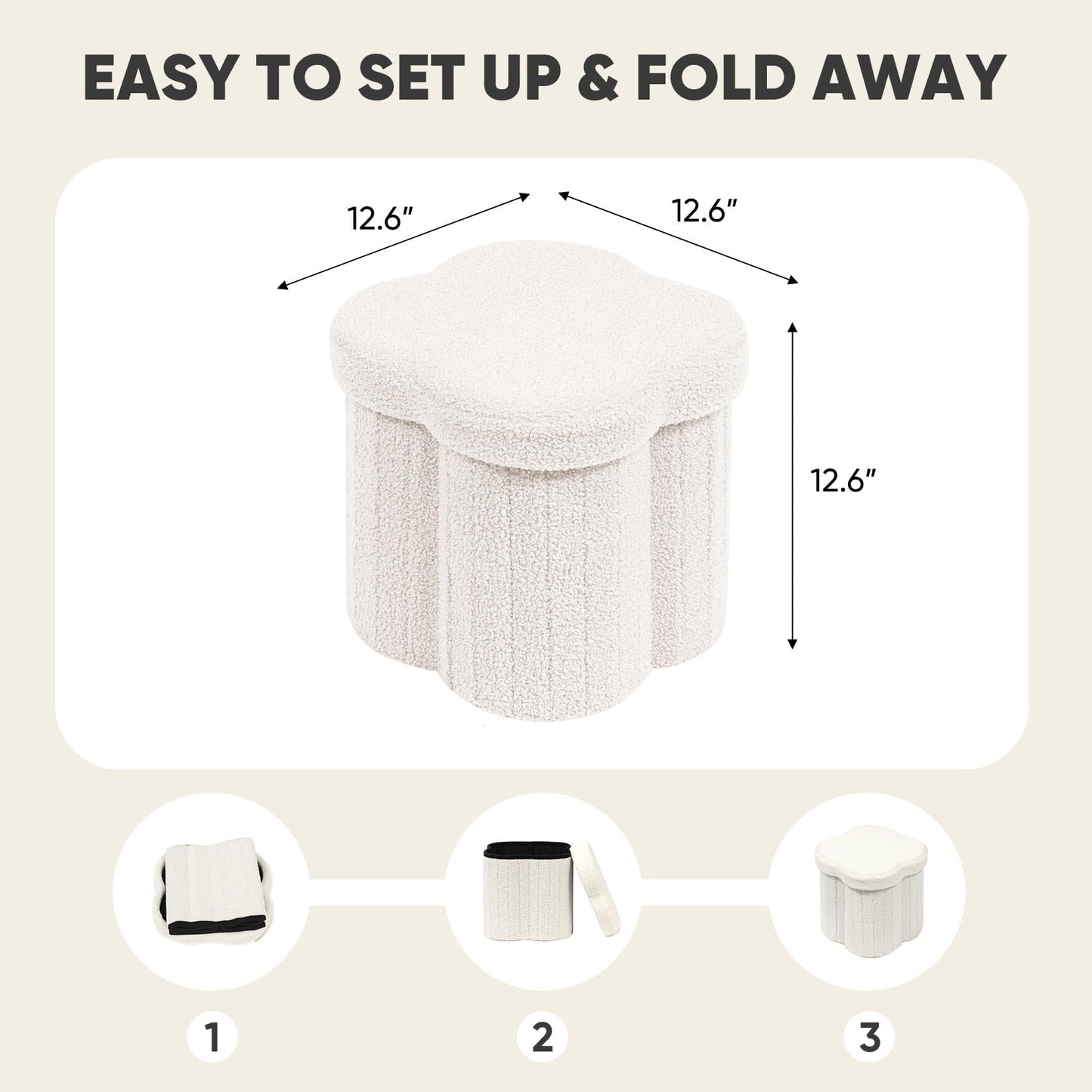 PINPLUS Storage Ottoman Cube Flower-Shaped Boucle Footrest with Hidden Storage, Multi-Functional Cube Seat for Living Room, Dorm - White 12.6"x12.6"x12.6"
