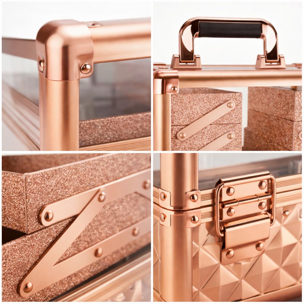 Ver Beauty Rose Gold Diamond Makeup Train Case with 6 Accordion Trays Lockable Cosmetic Organizer with Spacious Interior & Clear Acrylic Top