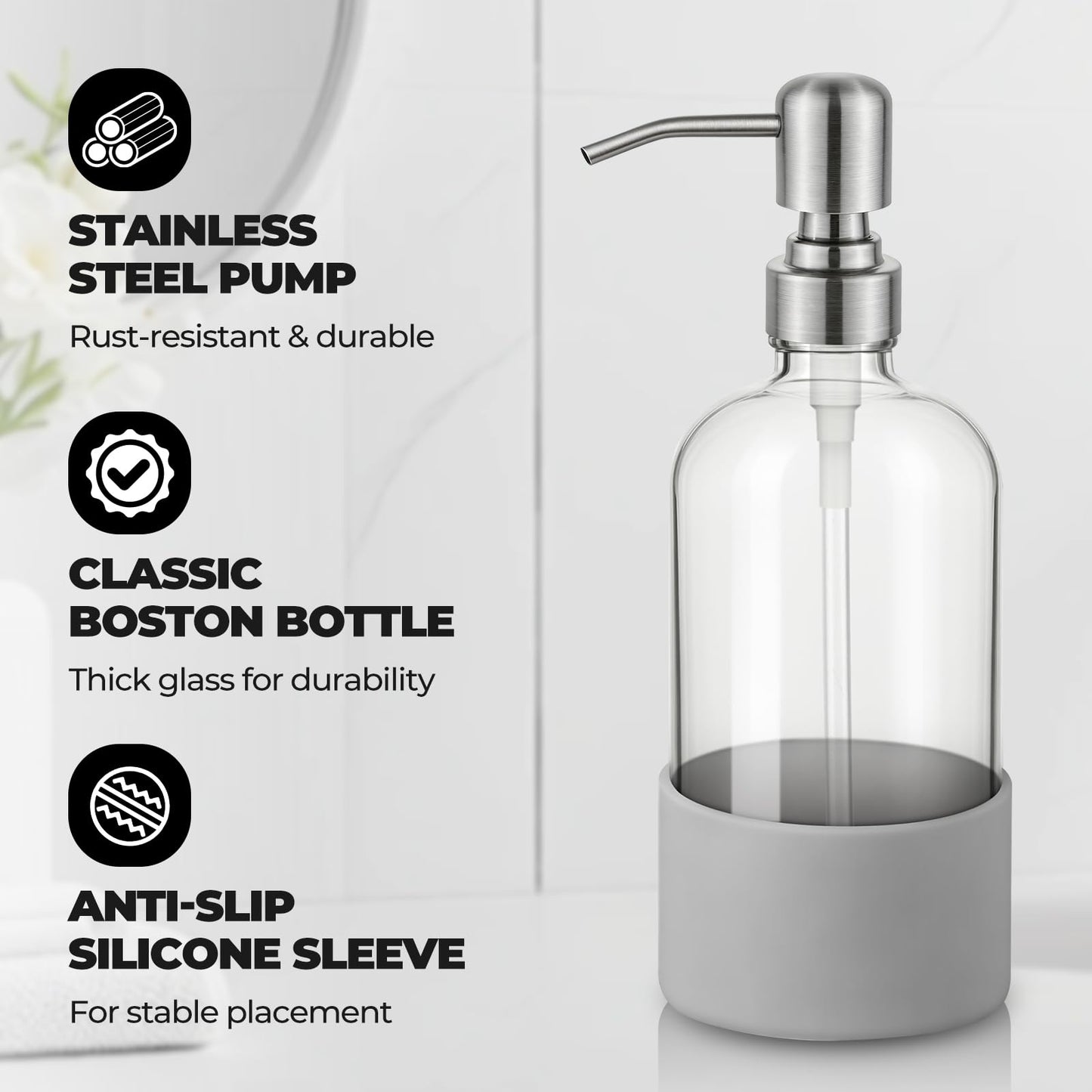 Homepicker 16 oz Hand and Dish Soap Dispenser Set for Kitchen and Bathroom, 500ml Clear Glass Soap Dispenser with Stainless Steel Pump, Non-Slip Silicone Sleeves, Labels - 2 Pack