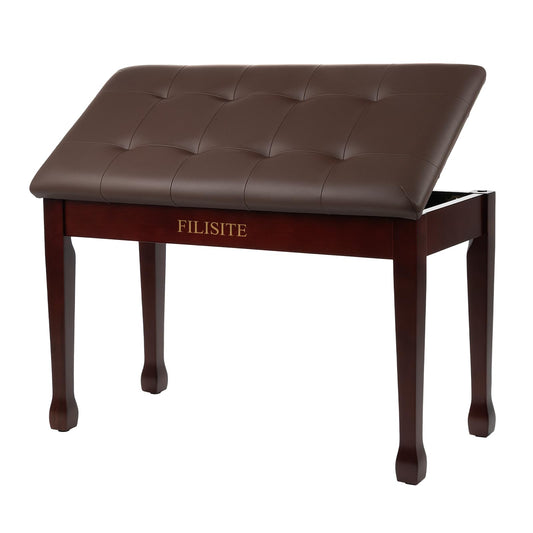 FILISITE Duet Piano Bench with Storage, Wooden Piano Stool with Waterproof Padded Cushion, Bench Seat for Vanity, Living Room, Bedroom (Brown)