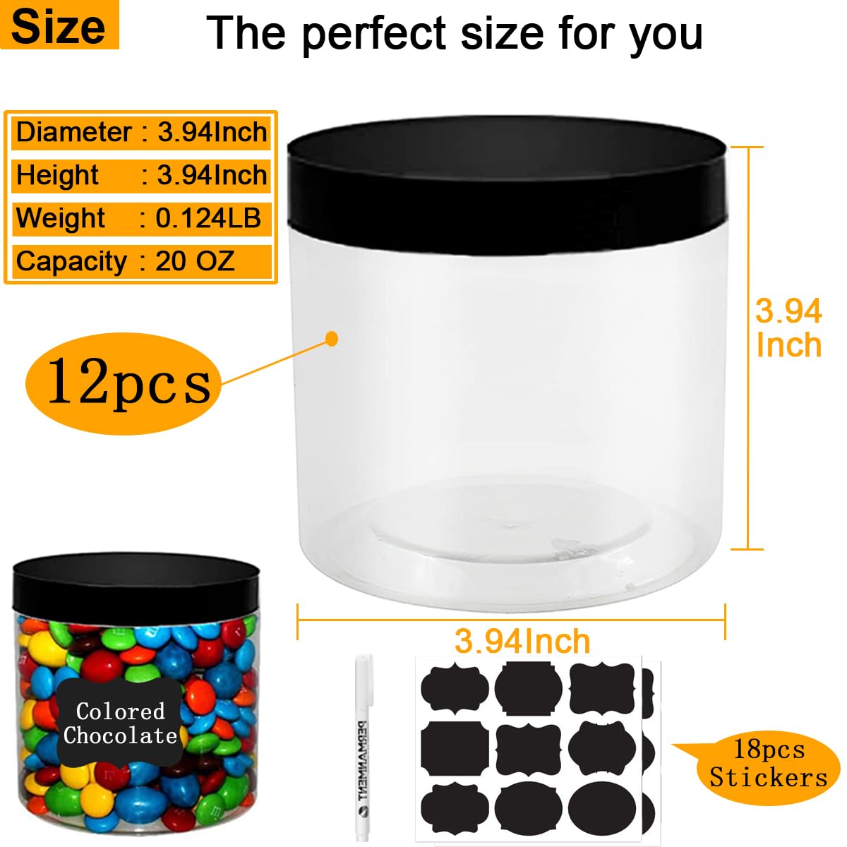 LOSYHU 20 Oz Round Plastic PET Storage Jars Clear Plastic Jars With Lids 12 Pack Refillable Storage Jar for Storing Dry Food, Spice, Cookie, Nuts, Kitchen Food
