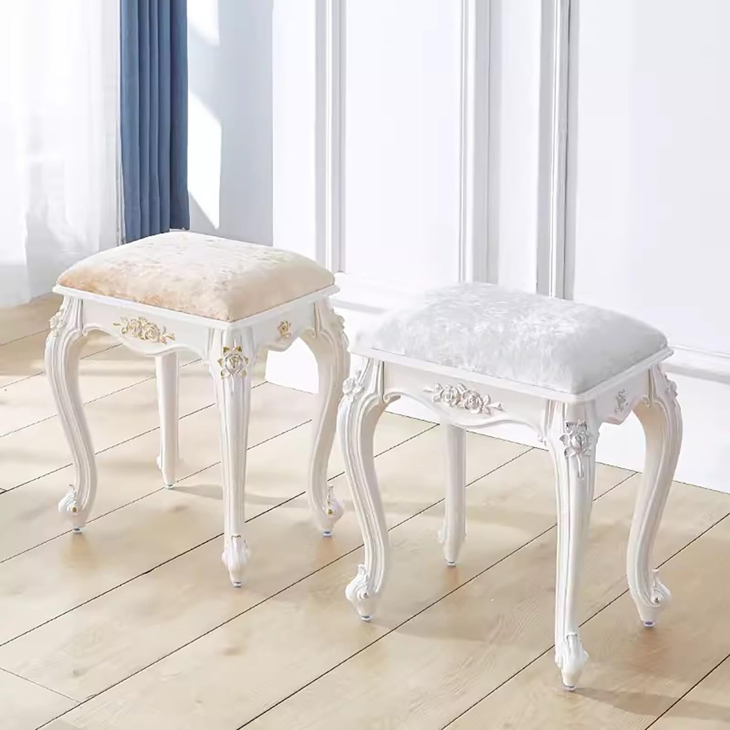 Lebolna Vintage Vanity Stool & Chair, Round & Rectangular Makeup Stool, Cute Ottoman Bench Seat, Victorian Style, Golden Velvet, 17 Inch Sitting Height