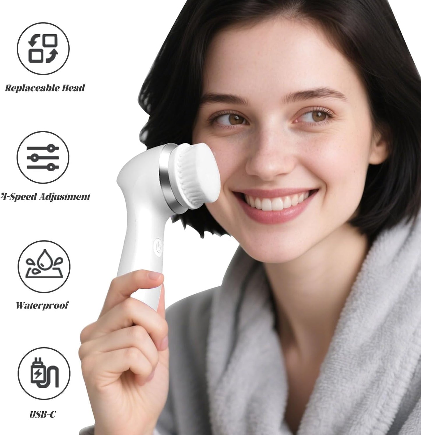 3-in-1 Rechargeable Facial Cleansing Brush – Silicone Face Scrubber with 4-Speed Settings, Deep Pore Cleanser & Exfoliator, Waterproof Face Spin Brush with Base Stand for Men & Women (White)