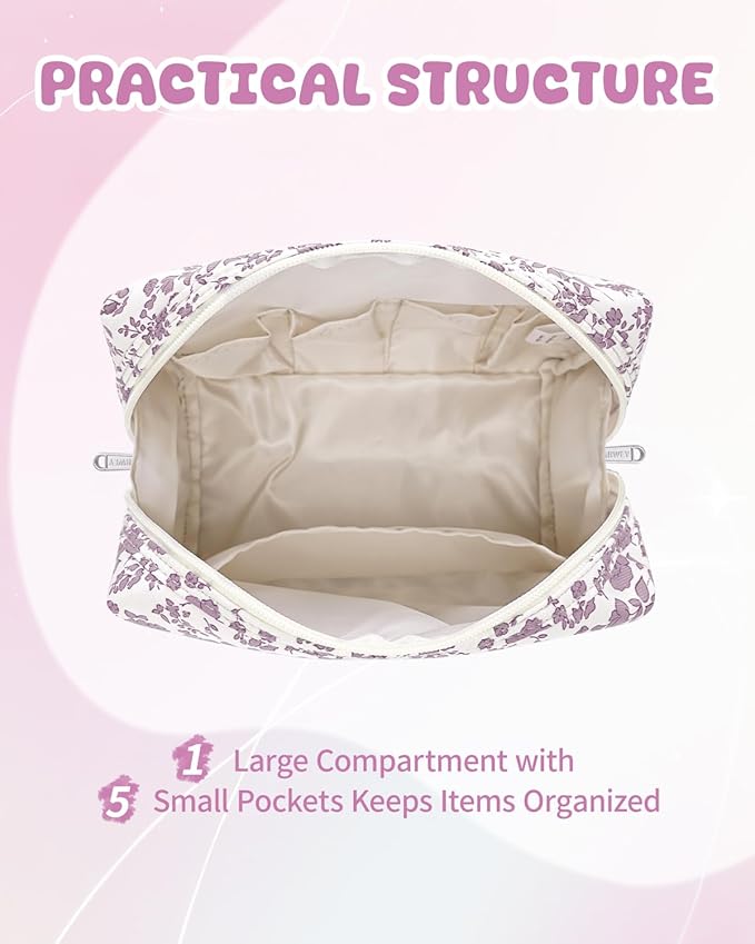 Narwey Birthday Gifts for Teen Girls Kids Women Personalized Initial Floral Makeup Bag Cute Cosmetic Trendy Stuff 6 8 10 11 12 13 14 16 18 Years Old Travel Toiletry Bag (Little Dusty Pink Flower P)