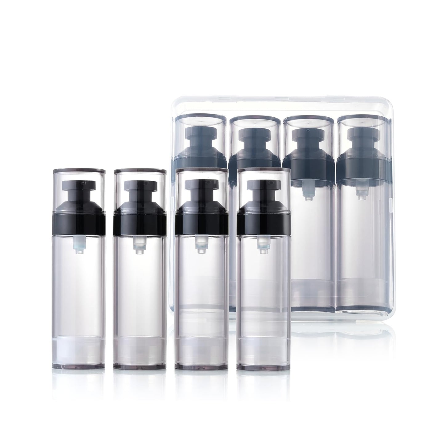 XQNCBY 4 Pack 1.7oz / 50ml Airless Pump Bottles for Travel: Wide Caliber Vacuum Lotion Dispenser with Clear Organizer Case, Leakproof Refillable Cosmetic Containers for Skincare, Serum, Foundation