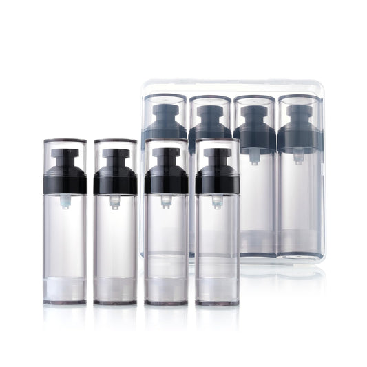 XQNCBY 4 Pack 1.7oz / 50ml Airless Pump Bottles for Travel: Wide Caliber Vacuum Lotion Dispenser with Clear Organizer Case, Leakproof Refillable Cosmetic Containers for Skincare, Serum, Foundation