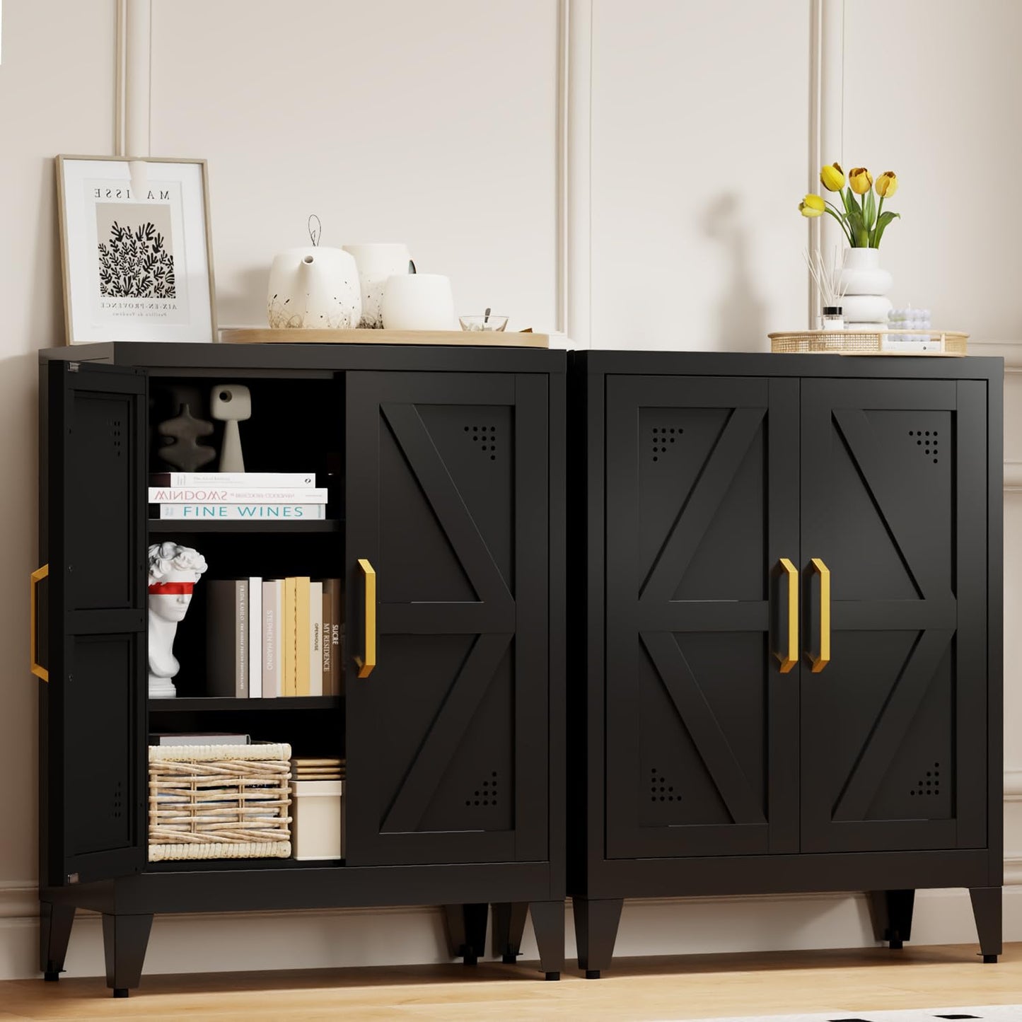 JHYKFG 32" Metal Kitchen Pantry Cabinet,Floor Bathroom Storage Cabinet with 2 Adjustable Shelves,Freestanding Sideboard for Small Spaces, Living Room, Hallway, Dining Room,Black