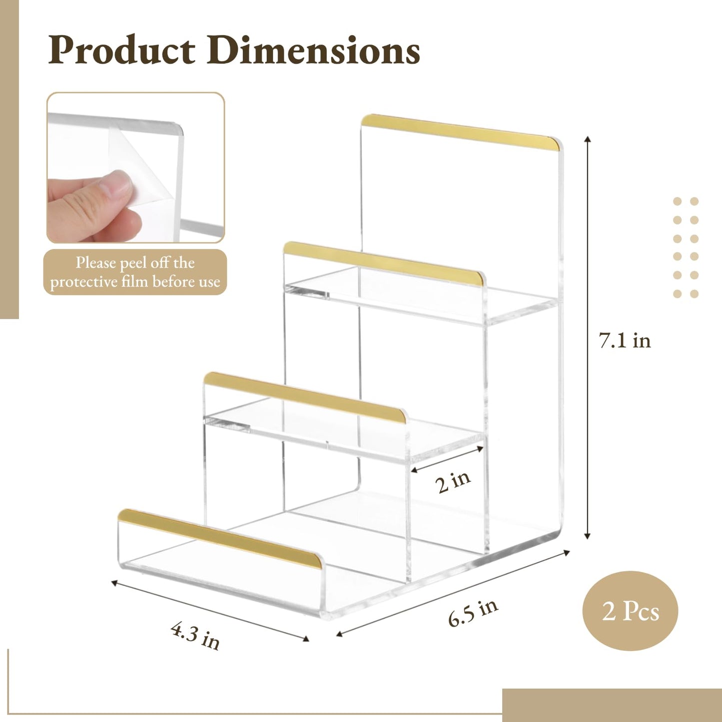2 Pcs Purse Display Stands, Clear 3-tier Acrylic Wallet Risers with Golden Edge, Space-saving Handbag Display Shelves, Countertop Organizer Racks for Clutches, Perfume, Accessories