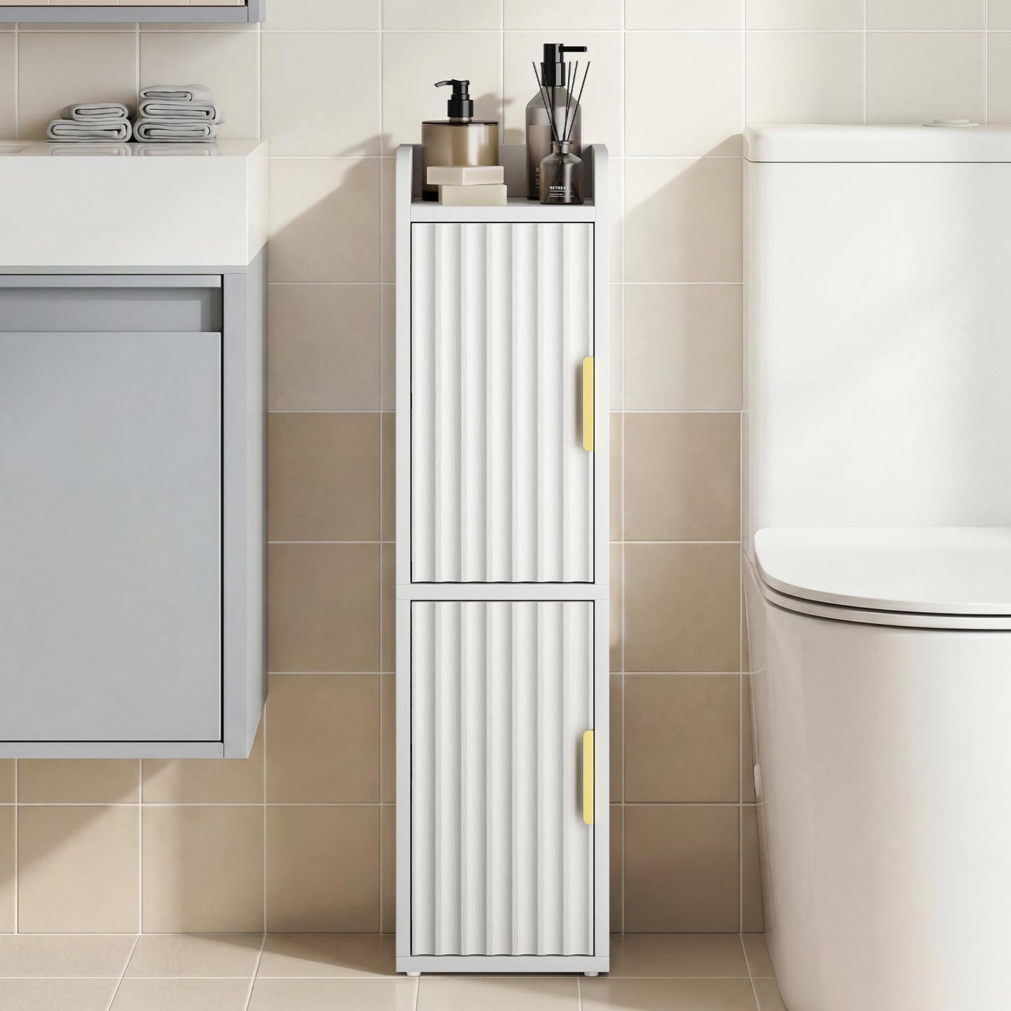 Yoobure Small Bathroom Storage Cabinet - Corner Floor Cabinet with 2 Doors & Adjustable Shelves, Narrow Slim Toilet Paper Cabinets, Skinny Bathroom Organizer for Small Space, 7.9" D x 7.9" W, White
